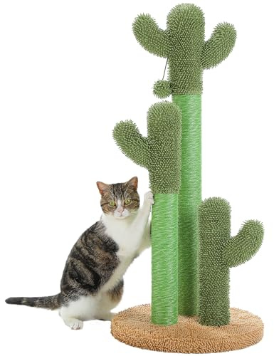 PAWZ Road Katzenkratzbaum 89 cm, hoher Kratzbaum mit natürlichen Sisal-Kratzsäulen und hängenden Katzenspielbällen für große Katzen, Braun