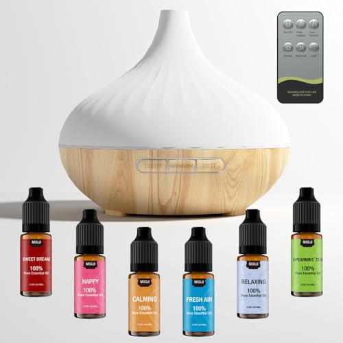 MISIJI Aroma Diffuser Fragrance Oils，500ml Aromatherapy Diffuser with Remote Control,with 6 x 10 ml Essential Oils Set