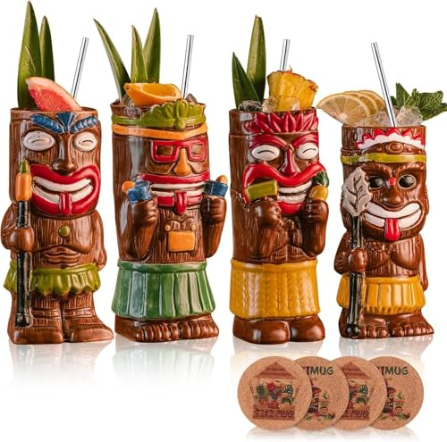 USEEKRIL Cocktail-Tiki-Becher, 4er-Set – Exotischer Becher mit 4 Untersetzern und 4 Strohhalmen, süße Cocktail gläser aus Keramik im Hawaii-Stil für Partys und tropische Tiki-Bars