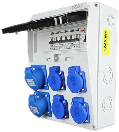 RoadEu - Distributeur de courant. Monophasé 2 prises CEE 16A 3P et 4 prises 230V avec disjoncteur automatique Distributeur de prises avec disjoncteur différentiel et fusibles. IP44