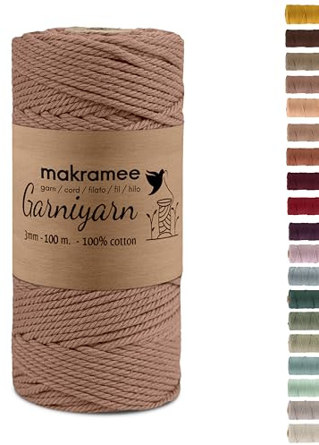 GarniyarN makramégarn 3 mm x 100 m mocha mousse – 100 % bomull, 4-vägs twistat – makramégarn för vägghängning, växthängare och gör-det-själv-hantverk – Oeko-TEX certifierad