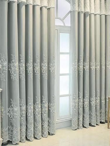 Mesnt Thermovorhang Hitzeschutz, Grau 107x183cm Doppellagige Spitzenstickerei Schlafzimmer Gardinen und Vorhang Kälteschutz & Wärmeisolierend, Pleat Hook
