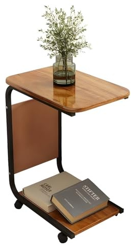 lcvtos Tavolino a Forma di C con Rotelle E Tasca Portaoggetti, Tavolino Mobile da Salotto e Camera da Letto, Piccolo in Pannello Ecologico Certificato E1, Ruote Girevoli a 360° (Noce)