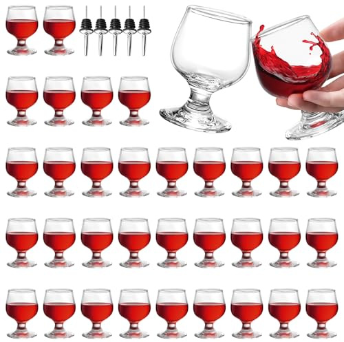 SUN GKOTTA 1.75oz/50ml Mini Brandy Shot Glasses Bulk of 35 with 5 Pourers,Cute And Clear Snifter Glass Set for Tasting Cognac,Bourbon,Wine,Tequila,Port,Vodka,Whiskey,Sherry,Party,Bar