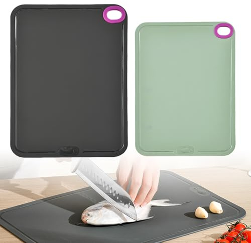Tabla de cortar flexible de TPU, 2 unidades, con ranura para jugo, apta para lavavajillas, antideslizante, antibacteriana, antibacteriana, resistente a los arañazos