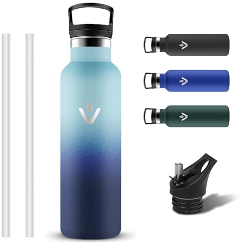 Grsta Botella Agua Acero Inoxidable, Botella Termica 750ml a Prueba de Fugas, Reutilizable Cantimplora Termica, Sin BPA Termo con 2 Tapones con Pajita y Filtro para Oficina, Bicicleta, Deporte