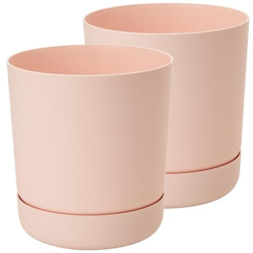 Home Garden Ornaments – Plant Pots Indoor, Set of 2 Plastic Outdoor Planters with Drainage & Saucer, Classy Flower Pots (17cm / 6.7 inch, Pink)