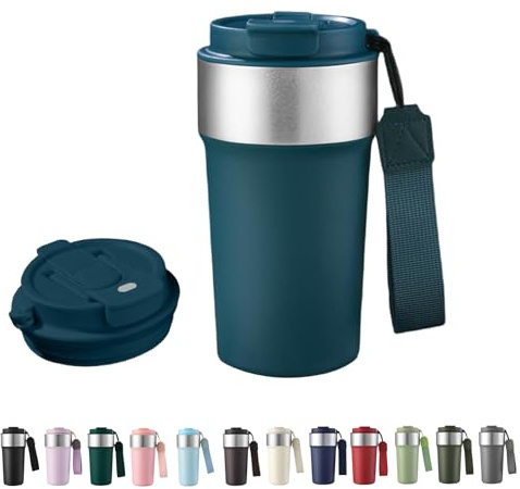 HHZalvyre Insulated Travel Mug 510ml, Leakproof Stainless Steel Thermal Coffee Cup with Carry Strap, 3 Drinking Modes, Keeps Hot/Cold for Hours, Car Office Commute Mug, Gift Idea (Peacock Blue)