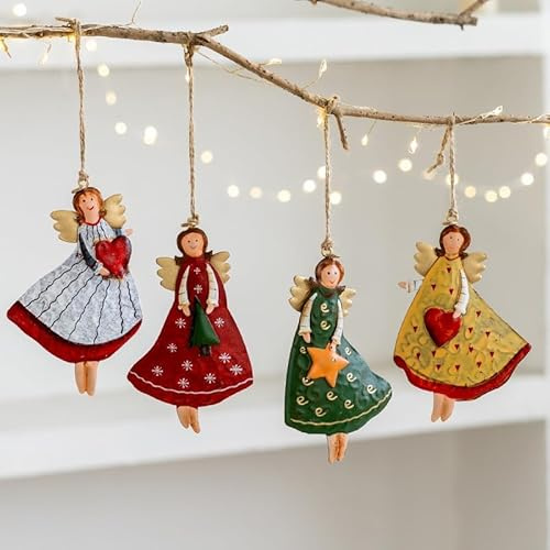 4 Stück Weihnachtsengel-Anhänger aus Holz, Weihnachtsbaumanhänger Weihnachten Engel Anhänger, bunt bemalt, rustikale Weihnachtsbaum-Dekoration für Zuhause und Fenster