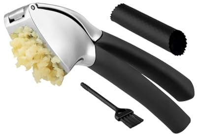 Kitchen Garlic Press, Smooth Pressure Function with Silicone Peeler, Manual Garlic Press, Stainless Steel Tool, for Cafeteria, Picnic, Barbecue, Camping, Meal Preparation, Roasting