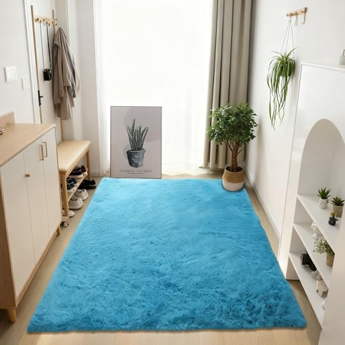 GOUER Teppich Wohnzimmer Schlafzimmer 300 x 320 cm Weich Und Flauschig Rutschfester Hochflorteppich Pflegeleicht Und Einfarbig für Schlafzimmer Kinderzimmer, Bettvorleger Matte, Blau