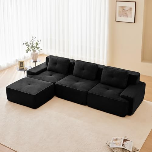 Arhatreya 3-sitsig soffa, modulär soffa, 3-sitsig soffa med kudde och schäslong, L-formad hörnsoffa för vardagsrum, buros, lägenhet, manchester, svart