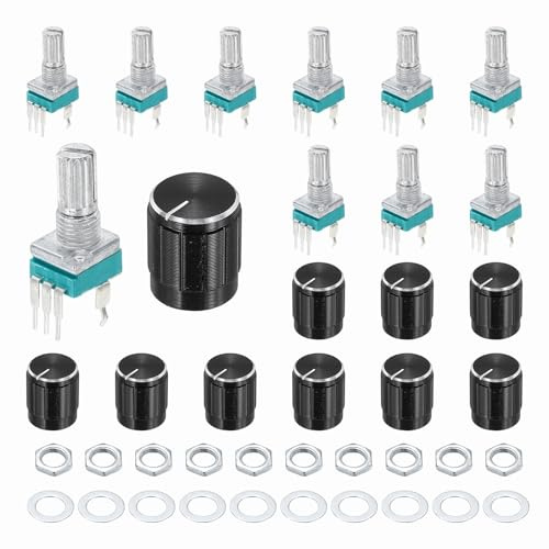 QUARKZMAN 10Stk Potentiometer 3Pin Einfach Linear Drehend Dicht Verstärker | RK097N B10K, 15mm Gerändelte Welle, Logarithmische Potentiometer, Mit 15x17mm Metall Drehknopf Vertikal