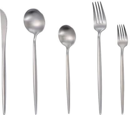 Juego de Cubiertos de Acero Inoxidable Plateado Mate, Cubiertos de Servicio de diseño Minimalista Moderno con Mangos Largos y Delgados, diseño Moderno Ideal Pulido a Espejo - Apto