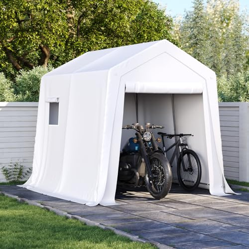 Aoxun 6x8 FT Heavy Duty Outdoor Storage Shed, Portable Waterproof Bike Shed and Garden Storage Tent, Roll-up Door Carport for Motorcycle and Lawn Tools, 182 x 243 x 213 cm white