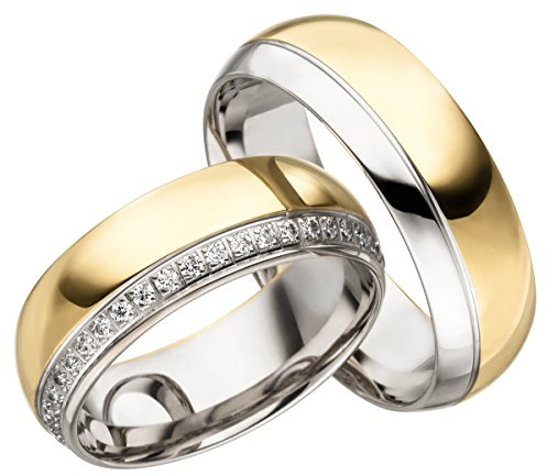 2x 585 Gold Eheringe Partnerringe Trauringe Hochzeitsringe in Gelbgold & Weißgold *mit Gravur und Steinen* JC013
