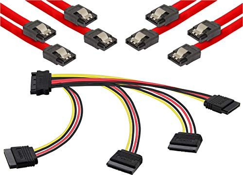 Poppstar SATA-kabel set (raka kontakter) 4 x 0,5 SATA 3-kabel, röd + 20 cm 4 förgrenings-Sata Y strömkabel