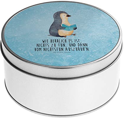 Mr. & Mrs. Panda Blechdose rund Pinguin Buch - Geschenk, Bücherwurm, Blechdosen mit Deckel, Metallkiste mit Deckel, Ferien, Faulenzen, Metallboxen,