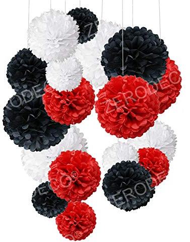 ZERODECO Pompon de Papel de Seda, Rojo Negro y Blanco Bolas de Papel en Forma de Flor para Fiestas de Cumpleanos, Bodas, Baby Shower, Shower de Novia o Decoracion de Festivales