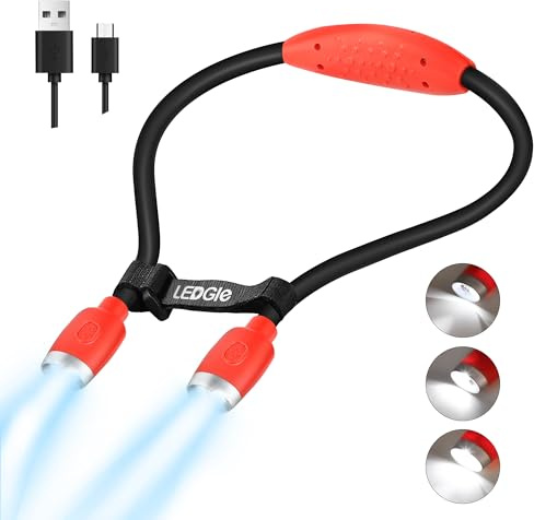 LEDGLE Umhängelampe LED Halslampe Leselampe Buchlampe Wiederaufladbar, 6 Stufe Helligkeit, Tragbare und Flexibel, 6500-7000K, Rot
