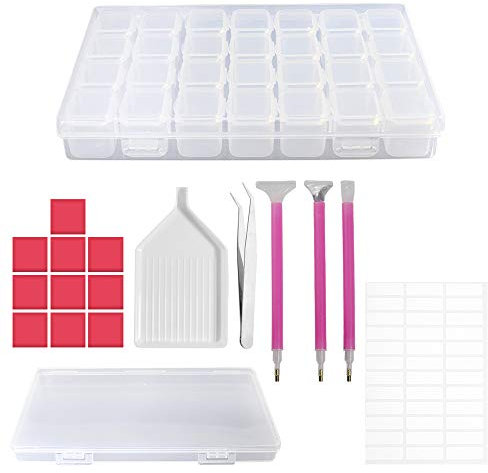 DARUITE Diamond Painting Accessoires Boite de Rangement Kit Stylo, Colle, Pincettes, Plateau, 28 Compartiments Boîte de Broderie de DIY Diamant pour 5D Diamond Painting