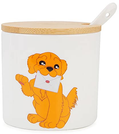 Kitchenexus Ceramic Sugar Bowl, Porcelain Sugar Bowl with Wooden Lid and Stainless Steel Spoon 9oz/266ml with Dog Pattern, Suit for Coffee Bar, Kitchen and Home breakfast, Best Gift for Dog Lovers