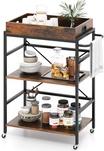 COSTWAY Mobile Kitchen Serving Trolley with Removable Tray and Glass Holder, 3-Tier Bar Storage Cart on Lockable Wheels, Restaurant Dining Room Drinks Trolley (without Glass Holder,73x40x93cm)