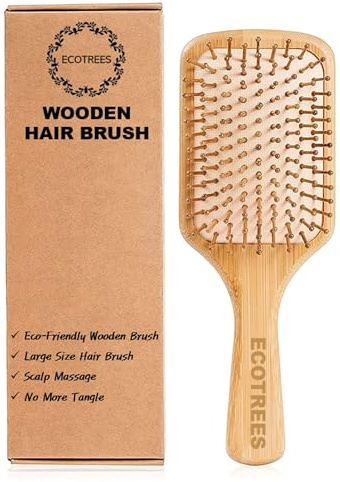 Hair Brush-Natural Wooden Bamboo Bristles Paddle Hairbrush Large. Eco-Friendly Massage Scalp & Detangling All Hair Types. No More Tangle.