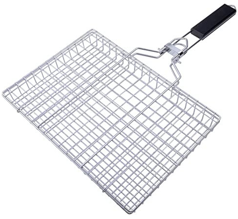 Holzsammlung Cestino da Barbecue in Acciaio Inox, Barbecue Cestello con Maniglia di Legno Grande Antiaderente Portatile Griglia per Barbecue, Perfetto per Pesce, Verdure, Carne, Salsicce #08