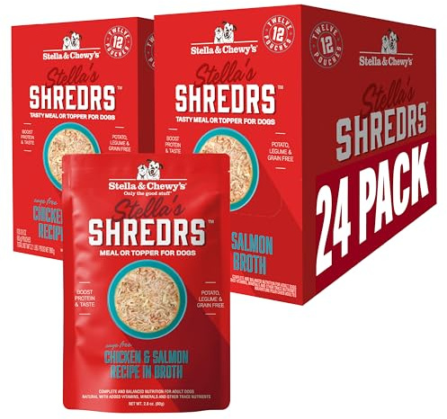Stella & Chewy's Cage Free Chicken & Salmon Shredrs - Premium Dog Food Pouches - Perfect For Picky Eaters- 24 Pack, 2.8oz Each