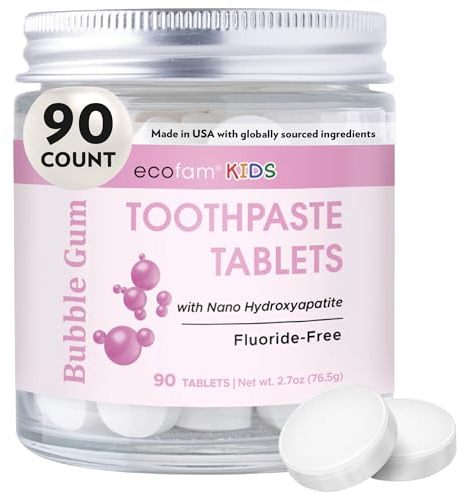 EcoFam Toothpaste Tablets – Bubblegum | Nano Hydroxyapatite Toothpaste Tablets Kids - Chewable - Made with Xylitol | Fluoride Free l 90 Tabs