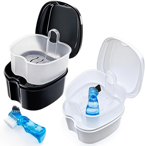 Keedolla Zahnprothesen-Bad-Etui, Teilprothesen-Becherhalter, Reinigungsbehälter, Zahnersatz-Waschbehälter, Badebox, Becherbehälter – Schwarz und Weiß, 2 Stück