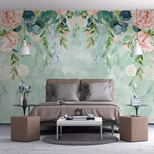 Papier Peint Panoramique Fleurs Vertes Et Roses Feuillage Moderne Papier Peint 3D Intissé Décoration Murale