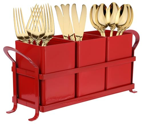 NelyBet Portautensili da cucina per piano di lavoro, portaposate da esterno, organizer per utensili da picnic e campeggio, porta posate per feste, in metallo e design resistente (rosso)