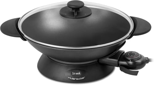 riviera&bar Wok Électrique Expert 5L - 2200W, Cuve en Fonte d'Aluminium, Couvercle en Verre, Thermostat Réglable 10 Positions - Idéal pour 8 Personnes - Accessoires Inclus - Nettoyage Facile