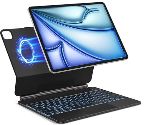 TECURS Clavier pour iPad Air 13 Pouces(M3/M2, 2025/2024) / iPad Pro 12.9 (6e, 5e, 4e, 3e gén), Magic Keyboard pour Pad Air 13 AZERTY Étui Clavier Magnétique, Rétroéclairage 11 Couleurs, Noir