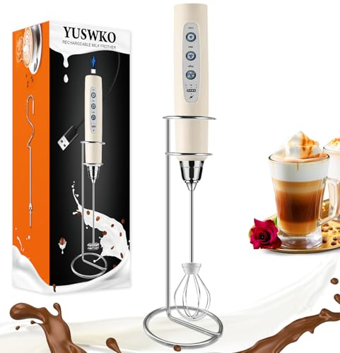 YUSWKO Varita espumadora de leche de mano beige con soporte para café, batidor eléctrico recargable con 3 cabezales, 3 velocidades, mezclador de bebidas, espumador de café para latte, capuchino