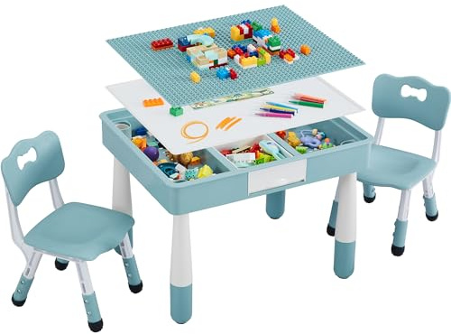CuFun 4 in 1 Kids Table and 2 Chairs Set, Toddler Table and Chair Set for Kids Ages 3-10, Activity Tables for Building Blocks/Drawing/Reading/Dining，Gift for Boy & Girl (Grayish Blue)