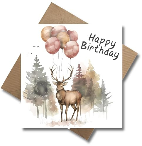 Geburtstagskarte für Jäger und Förster mit Umschlag - “Happy Birthday” Karte Glückwunschkarte Geschenkkarte zum Geburtstag Jagd Wald Natur Hirsch und Ballons Waldmotiv Naturfreunde (125 x 125 mm)