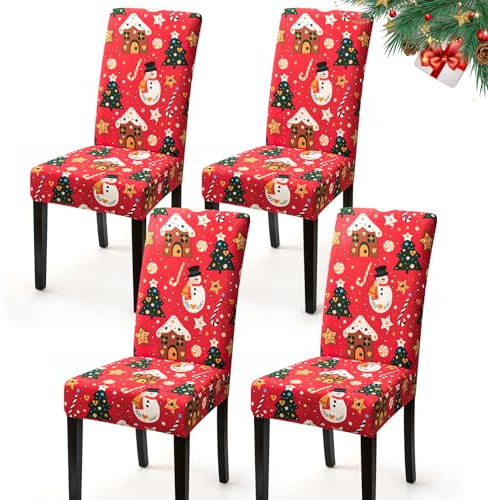 Eozakavod Stuhlhussen 4er Set, Elastische Stuhlbezug Universal Esszimmerstuhlbezüge Abnehmbare Waschbare Stuhlabdeckung Xmas Stuhlbezüge Schwingstühle Hussen für Deko Supplies (Schneemann, 4er)