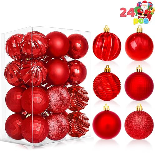 Joiedomi 24-teiliges Set mit roten Weihnachtskugeln, 6 cm großer Christbaumschmuck, bruchsicher, Weihnachtskugeln zum Aufhängen, Dekoration für Weihnachtsbaum, Kranz, Girlande, Feiertage, Hochzeiten
