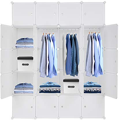 Bonnlo Kleiderschrank aus Kunststoff, DIY Regalsystem, Tragbarer Garderobenschrank, Regal mit Türen, Steckregal 20 Würfel, mit 3 Kleiderstange, Weiß, 142x47x178cm