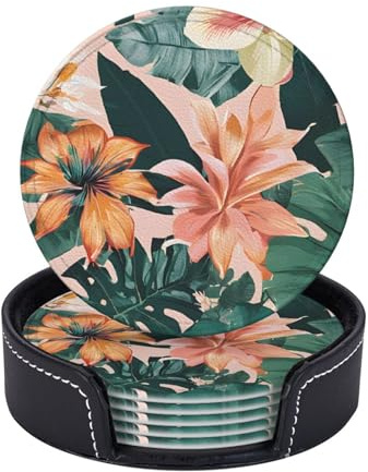 Coasters Set of 6 Microfiber PU leather Coasters with Holders for Drinks Coffee Bar Accessories, House Apartment Coffee Table Decor, Housewarming Gifts - Tropical Summer Hawaiian Flower Palm Leaves