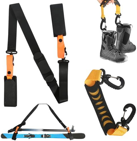 DELAESI Correa de transporte para esquís, 2 unidades, antideslizante, correa de esquí para esquís y bastones, correas de hombro ajustables, accesorios de esquí, soportes antideslizantes para botas y