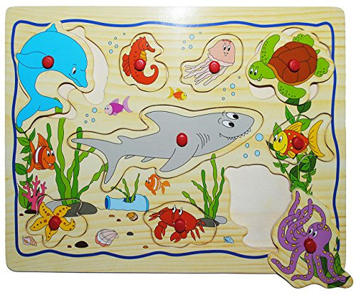 alles-meine.de GmbH Steckpuzzle mit Griffen - Fische/Tiere - aus Holz - 9 Teile - großes Holzpuzzle/Einlegepuzzle - Griff Legespiel - Rahmenpuzzle/Kinderpuzzle - Tierpu..