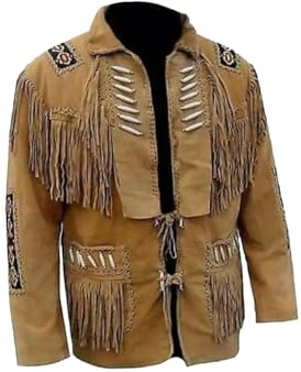 Rumble Products Traditionell västerländsk jacka för män, brunt mockaläder med pärlor, ben och tofsar, jacka med fransar, beige (Tan brown), L
