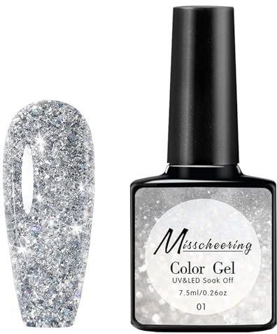 Silver Gel Nail Polish, Glitter Gel Nail Polish, Diamond Shiny Shimmer Sparkly Nail Glitter, French Manicure White Long Lasting Holographic Soak off LED Lamp Nail Makeup for Women DIY Nail Art