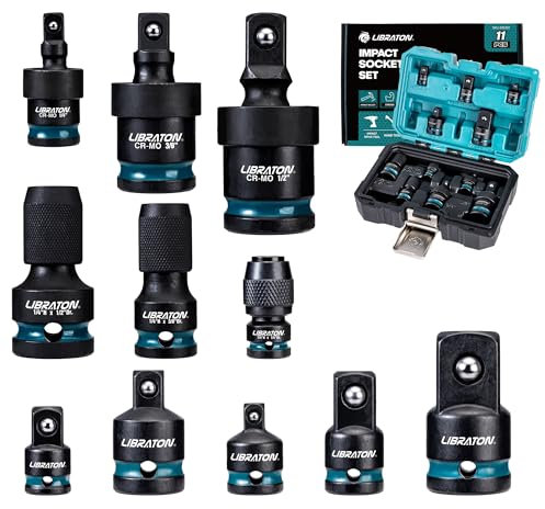 LIBRATON 11-tlg Schlag-Steckschlüssel-Adapter- und Reduzierset, Stecknuss Adapter, kraft-kugelgelenk, Vierkant-auf-1/4-Sechskant-Konverter, Schlagschrauber-Adapter für Autoreparatur, Aufbewahrungsbox