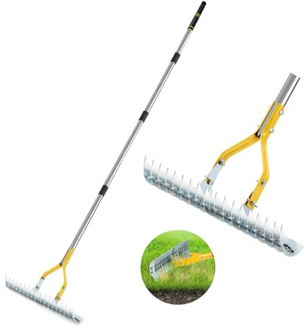Thatch Rake, 15-Inch Steel Lawn Dethatcher with Handle, Heavy Duty Grass Cleaning Tool for Dead Grass and Soil Loosening, Versatile Yard and Garden Grooming (Black+Metallic Silver)