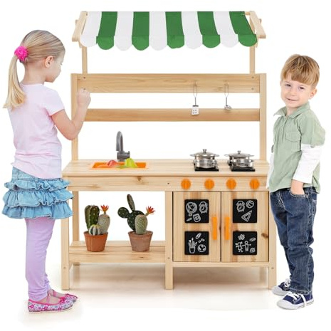 HOMASIS Cuisine pour Enfants avec auvent, Jouet de Cuisine en Bois avec 4 cuisinières, 2 Crochets, 1 évier et 4 lavabos, Cuisine extérieure pour Les Enfants de 3+ Ans, 88 x 39 x 117 cm